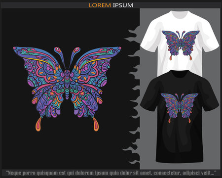 Colorful Butterfly mandala arts isolated on black and white t shirt.のイラスト素材