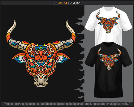 Colorful Bull mandala arts isolated on black and white t shirt.のイラスト素材
