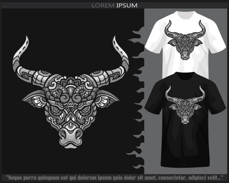 Monochrome color bull head mandala arts isolated on black and white t shirt.のイラスト素材