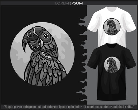 Monochrome color hyacinth macaw bird mandala arts isolated on black and white t shirt.のイラスト素材