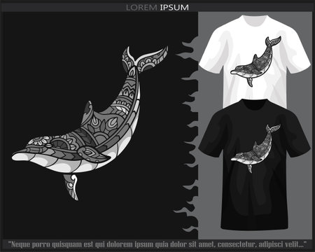 Monochrome color dolphin fish mandala arts isolated on black and white t shirt.のイラスト素材