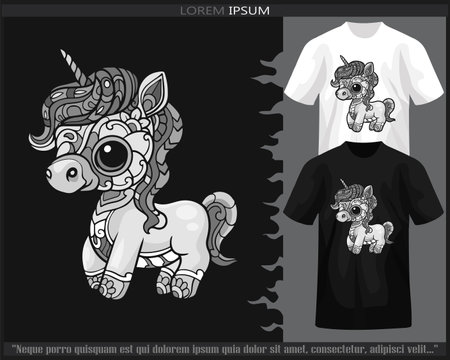 Monochrome color cute unicorn cartoon mandala arts isolated on black and white t shirt.のイラスト素材