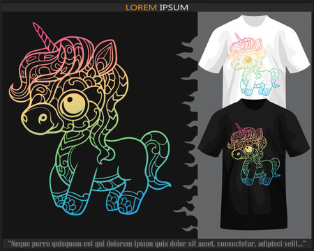 Gradient Colorful cute Unicorn cartoon mandala arts isolated on black and white t shirt.のイラスト素材