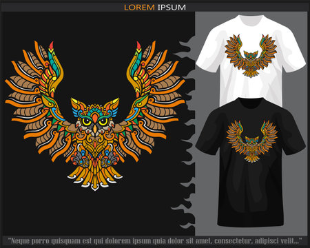 Colorful Owl bird mandala arts isolated on black and white t shirt.のイラスト素材
