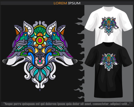 Colorful Wolf head mandala arts isolated on black and white t shirt.のイラスト素材