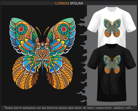 Colorful Butterfly mandala arts isolated on black and white t shirt.のイラスト素材