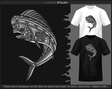 Monochrome color Mahi mahi fish mandala arts isolated on black and white t shirt.のイラスト素材