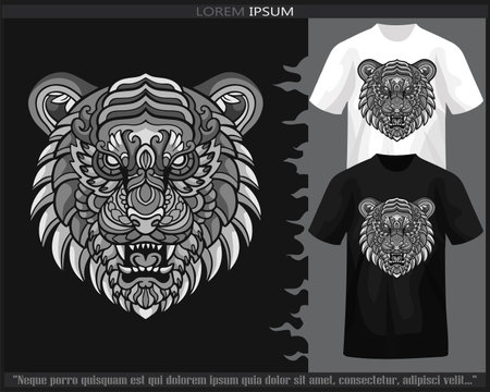 Monochrome color Tiger head mandala arts isolated on black and white t shirt.のイラスト素材