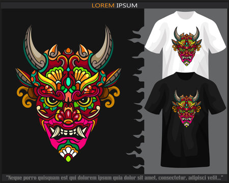 Colorful oni mask head mandala arts isolated on black and white t shirt.のイラスト素材