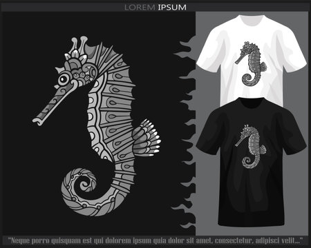 Monochrome color Seahorse mandala arts isolated on black and white t shirt.のイラスト素材