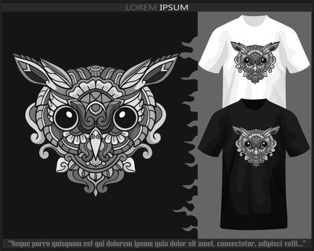 Monochrome color owl head mandala arts isolated on black and white t shirt.のイラスト素材