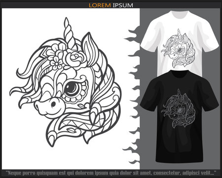 Unicorn head mandala arts isolated on black and white t-shirt.のイラスト素材