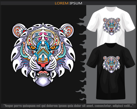 Colorful white Tiger head mandala arts isolated on black and white t shirt.のイラスト素材