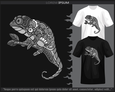 Monochrome chameleon mandala arts isolated on black and white t shirt.のイラスト素材