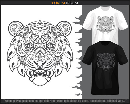 tiger head mandala arts isolated on black and white t-shirt.のイラスト素材