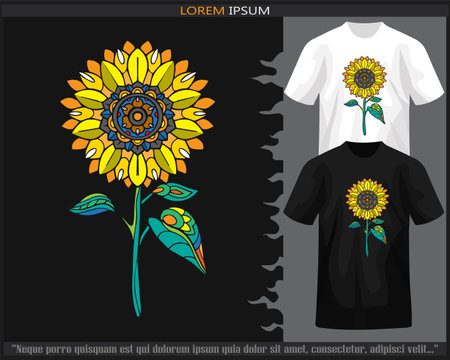 Colorful sunflower mandala arts isolated on black and white t shirt.のイラスト素材