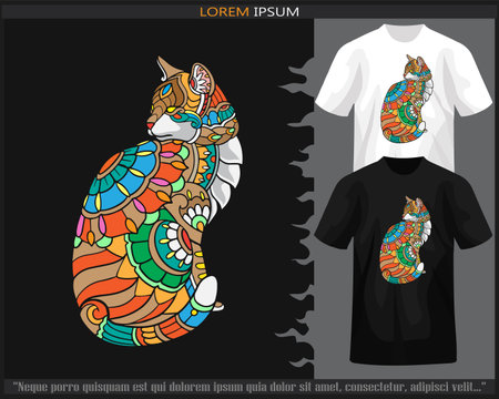 Colorful cat mandala arts isolated on black and white t shirt.のイラスト素材