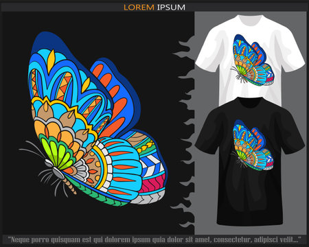 Colorful Butterfly mandala arts isolated on black and white t shirt.のイラスト素材