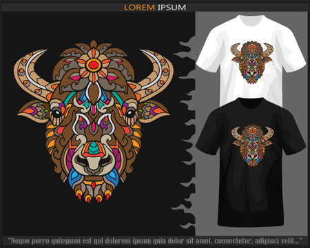 Colorful bison head mandala arts isolated on black and white t shirt.のイラスト素材