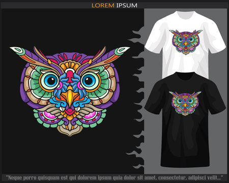 Colorful Owl head mandala arts isolated on black and white t shirt.のイラスト素材
