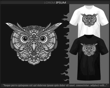 Monochrome owl head mandala arts isolated on black and white t shirt.のイラスト素材
