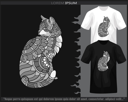 Monochrome cat mandala arts isolated on black and white t shirt.のイラスト素材