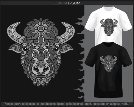 Monochrome bison head mandala arts isolated on black and white t shirt.のイラスト素材