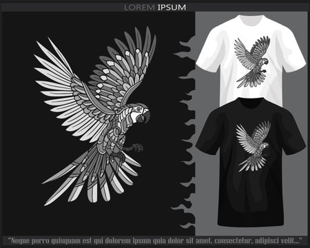 Monochrome macaw bird mandala arts isolated on black and white t shirt.のイラスト素材