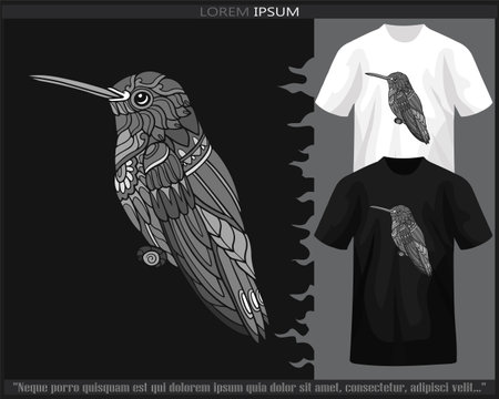 Monochrome humming bird mandala arts isolated on black and white t shirt.のイラスト素材