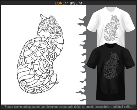 cat mandala arts isolated on black and white t-shirt.のイラスト素材