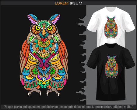 Colorful owl bird mandala arts isolated on black and white t shirt.のイラスト素材