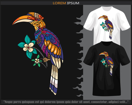 Colorful hornbill bird mandala arts isolated on black and white t shirt.のイラスト素材