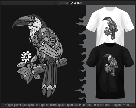 Monochrome mountain toucan bird mandala arts isolated on black and white t shirt.のイラスト素材
