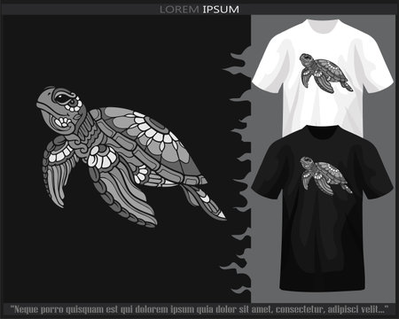 Monochrome sea turtle mandala arts isolated on black and white t shirt.のイラスト素材