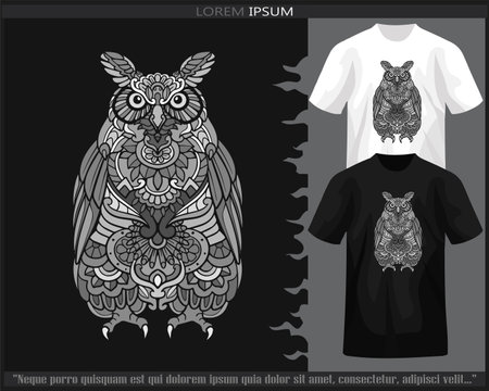 Monochrome owl bird mandala arts isolated on black and white t shirt.のイラスト素材