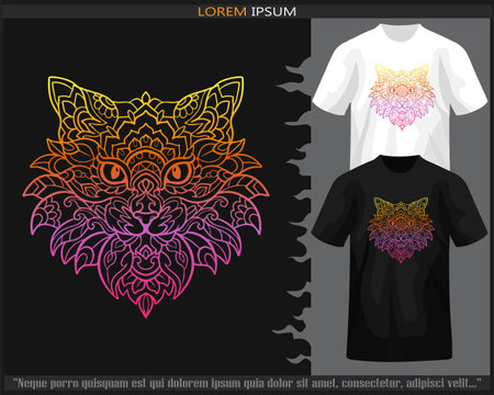 Gradient Colorful cat head mandala arts isolated on black and white t shirt.のイラスト素材