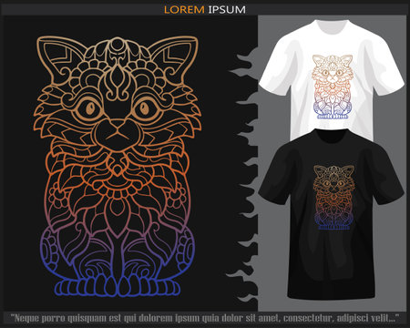 Gradient Colorful of cat mandala arts isolated on black and white t shirt.のイラスト素材