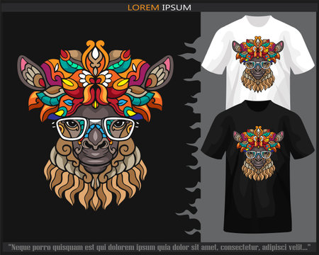 Colorful alpaca mandala arts isolated on black and white t shirt.のイラスト素材