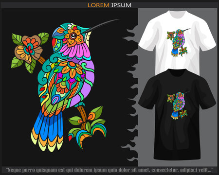 Colorful Humming bird mandala arts isolated on black and white t shirt.のイラスト素材