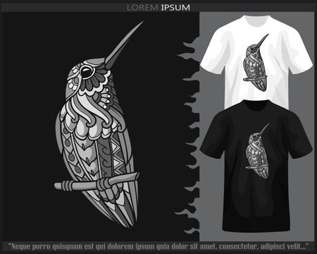 Monochrome Humming bird mandala arts isolated on black and white t shirt.のイラスト素材