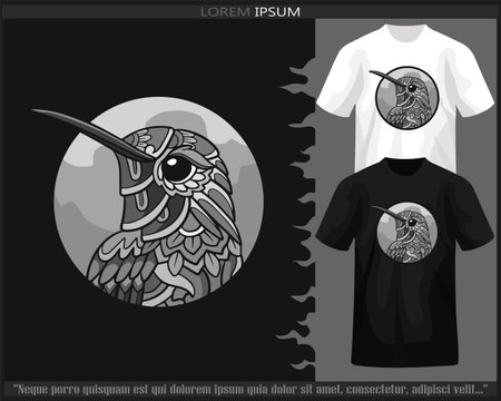 Monochrome Humming bird mandala arts isolated on black and white t shirt.のイラスト素材