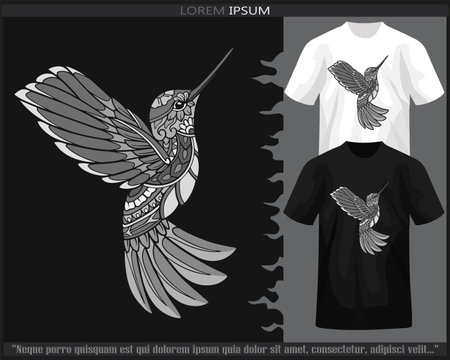 Monochrome Humming bird mandala arts isolated on black and white t shirt.のイラスト素材