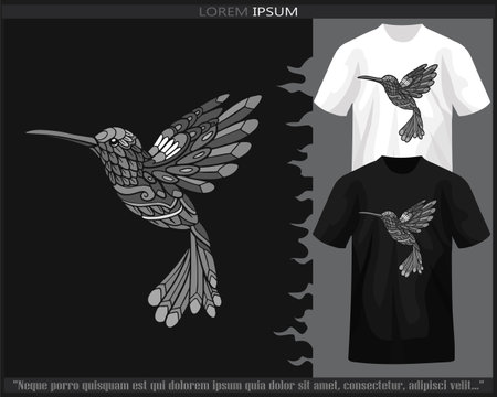 Monochrome Humming bird mandala arts isolated on black and white t shirt.のイラスト素材