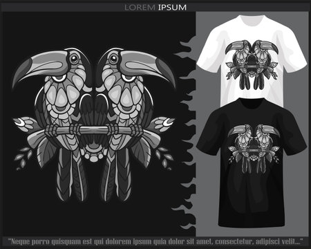 Monochrome Hornbill bird mandala arts isolated on black and white t shirt.のイラスト素材