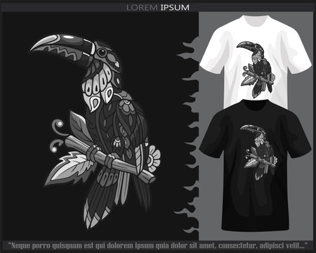 Monochrome Hornbill bird mandala arts isolated on black and white t shirt.のイラスト素材