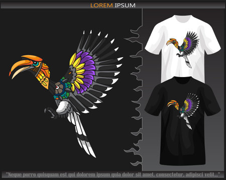 Colorful Hornbill bird mandala arts isolated on black and white t shirt.のイラスト素材