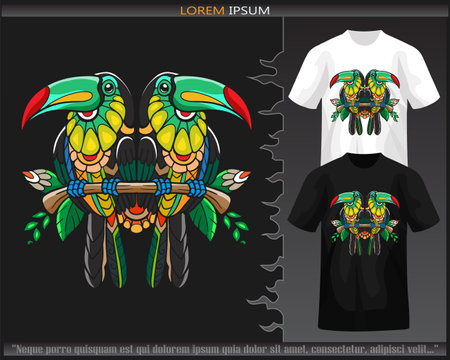 Colorful Hornbil bird mandala arts isolated on black and white t shirt.のイラスト素材