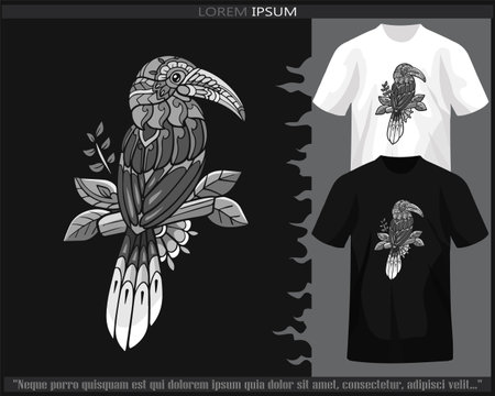 Monochrome Hornbill bird mandala arts isolated on black and white t shirt.のイラスト素材