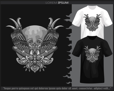 Monochrome Hornbill bird mandala arts isolated on black and white t shirt.のイラスト素材