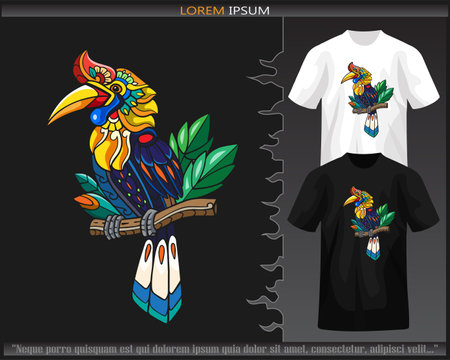 Colorful Hornbil bird mandala arts isolated on black and white t shirt.のイラスト素材